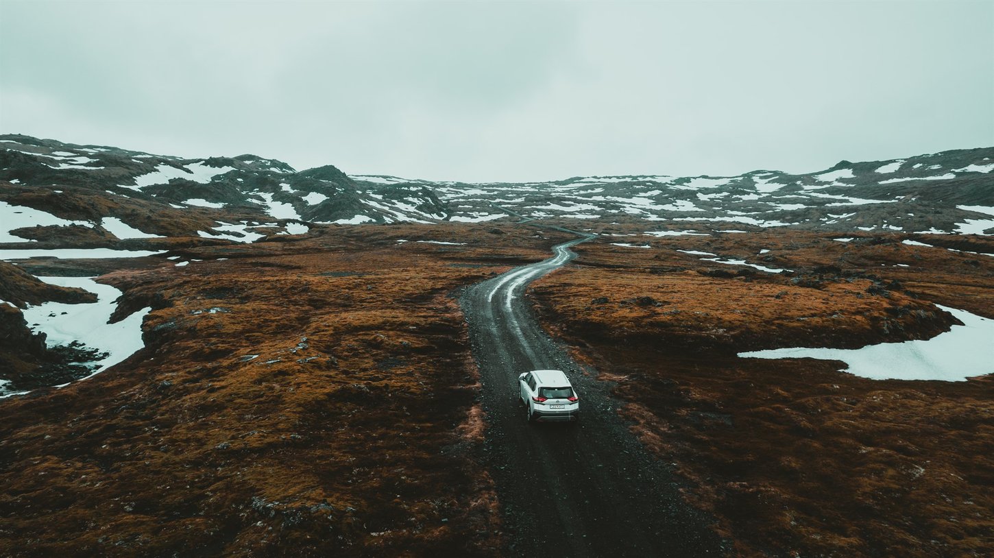 Aerial view of a rental car driving on F-Roads in Iceland