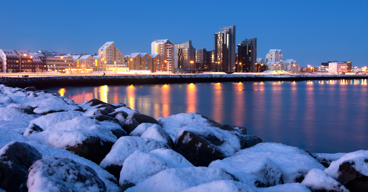 Nighttime shot of Reykjavik from across the bay.
