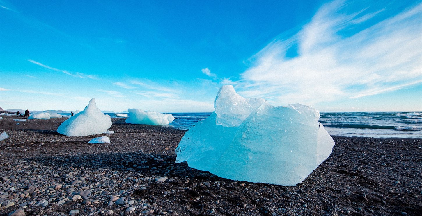Ice block on the black sands of Diamond Beach in Iceland