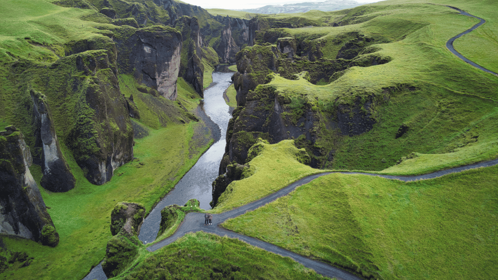 Moss-covered edges of Fjaðrárgljúfur Canyon, Iceland.