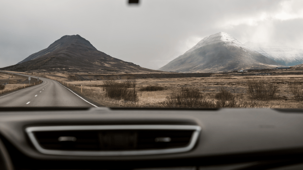 Misty mountain view from a car in Iceland