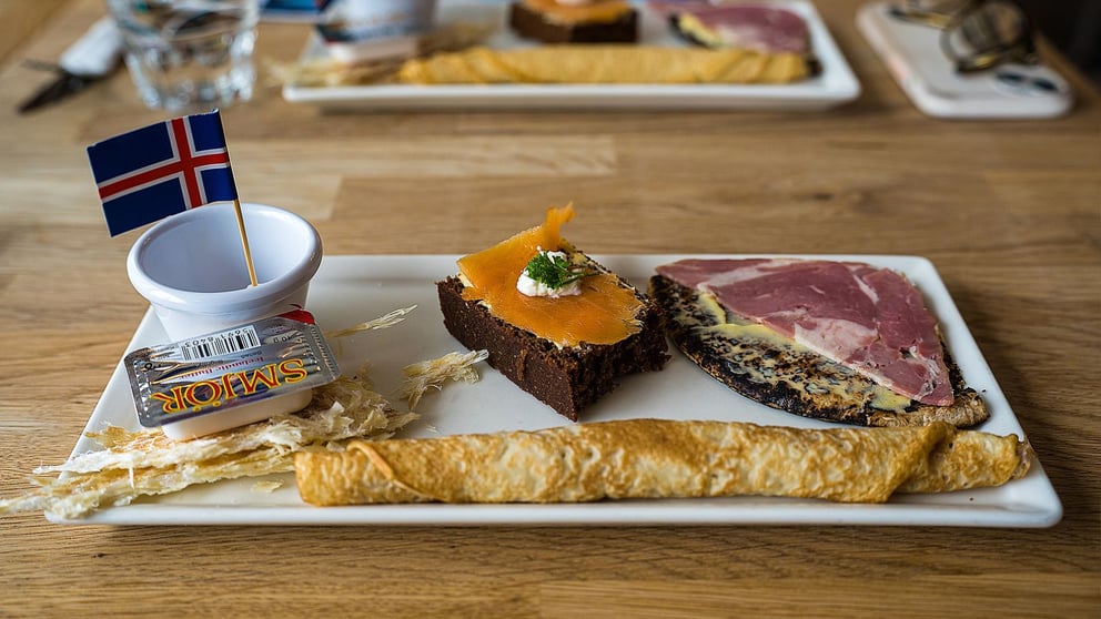 Icelandic smoked meats served on rye bread. 