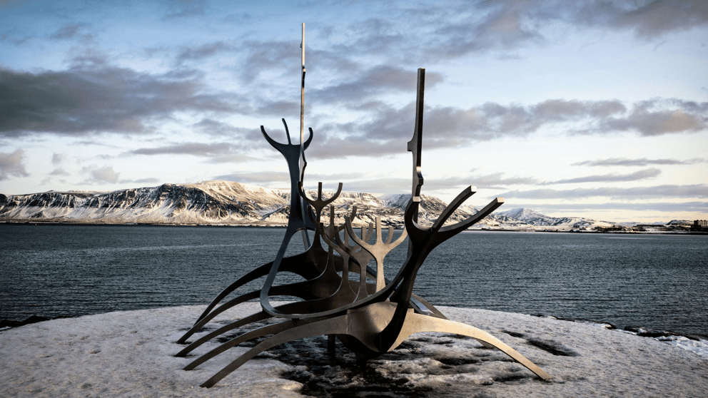 Sun Voyager Sculpture in Reykjavík with the sea beyond.