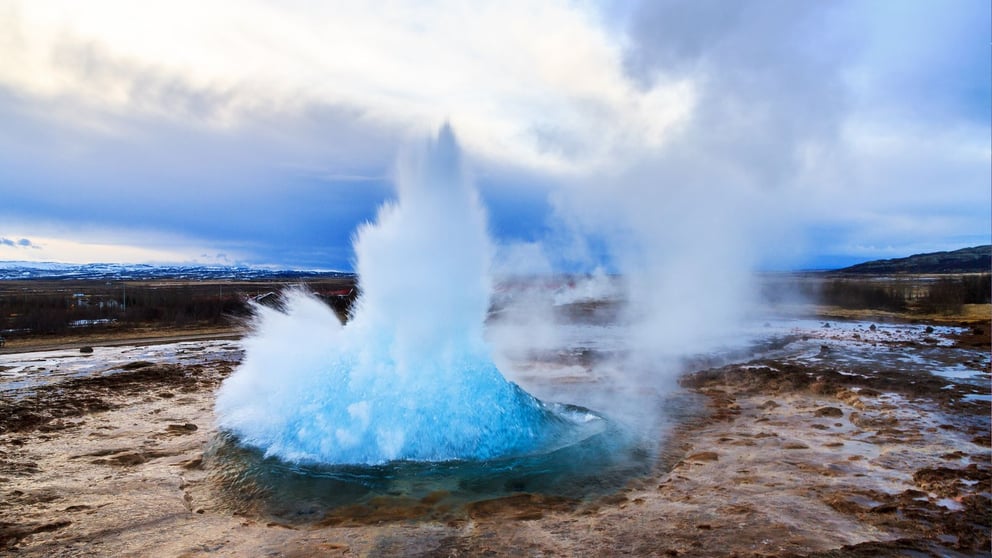 Eruption geyser at Geysir Geothermal Area in Iceland.