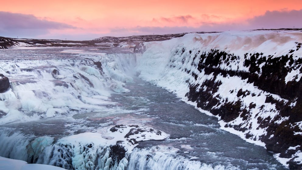 Gulfuss Waterfall in Iceland at sunrise.