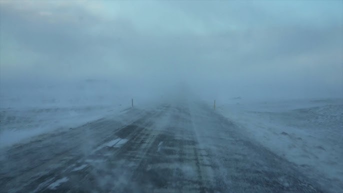 Icelandic road in harsh windy conditions