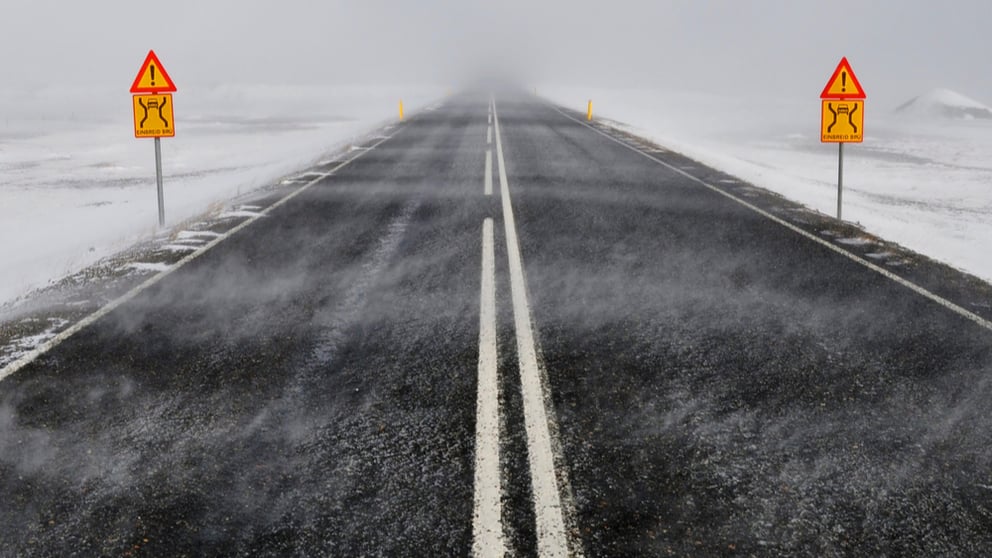 Image of a road in Iceland in windy and snowy conditions