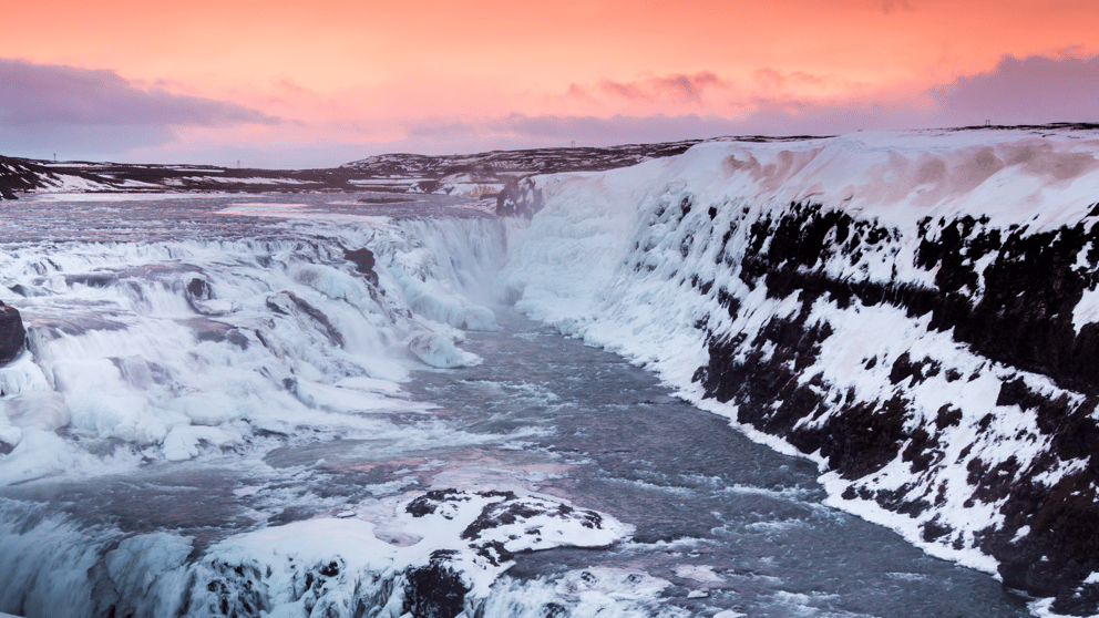 Frozen Gullfoss Waterfall in Iceland in January.