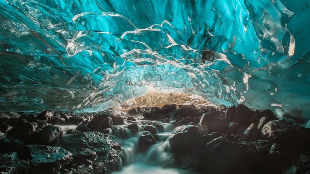  Ice cave with waterfall in Iceland.