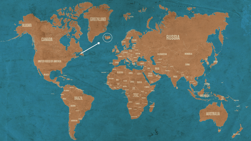 Arrow pointing towards Iceland on a map of the world.