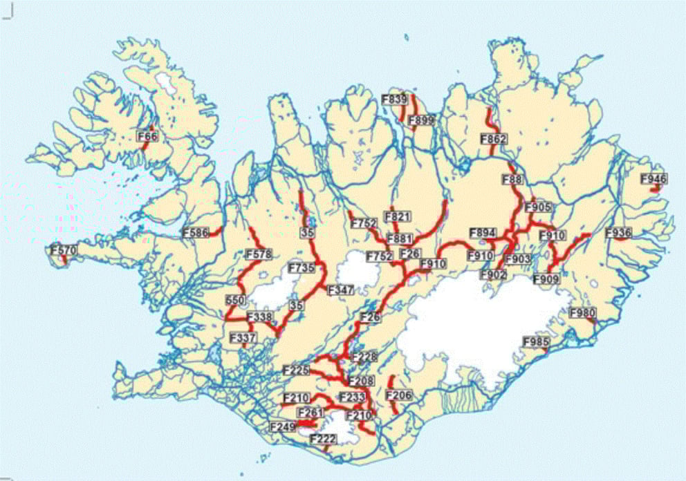 Map of F Roads in Iceland