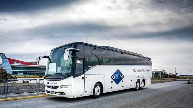 Image of a shuttle bus outside Keflavik Airport