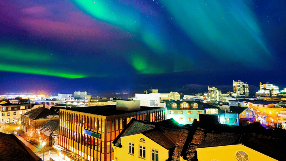 Northern Lights seen from the city centre in Reykjavík.