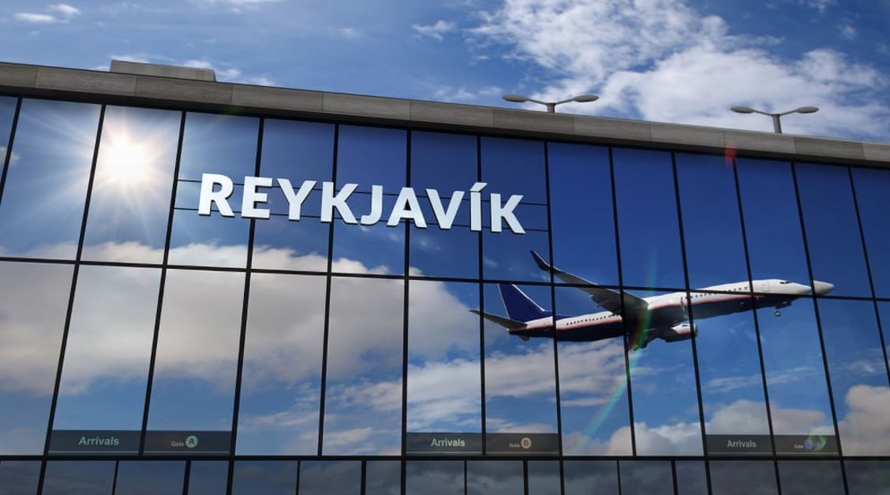 Reykjavik airport sign and airplane.