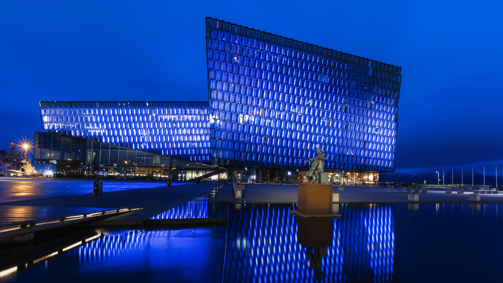 Harpa Opera House at night time in Reykjavik