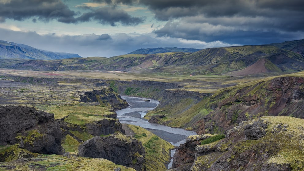 View of Thórsmörk on a dreary grey day.