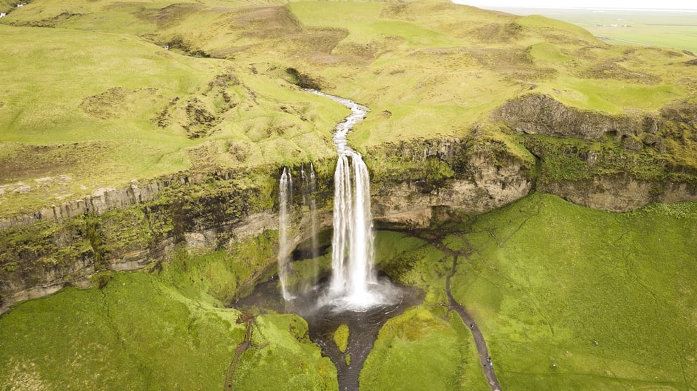 Aerial shot of Seljalandsfoss waterfall in Iceland. 