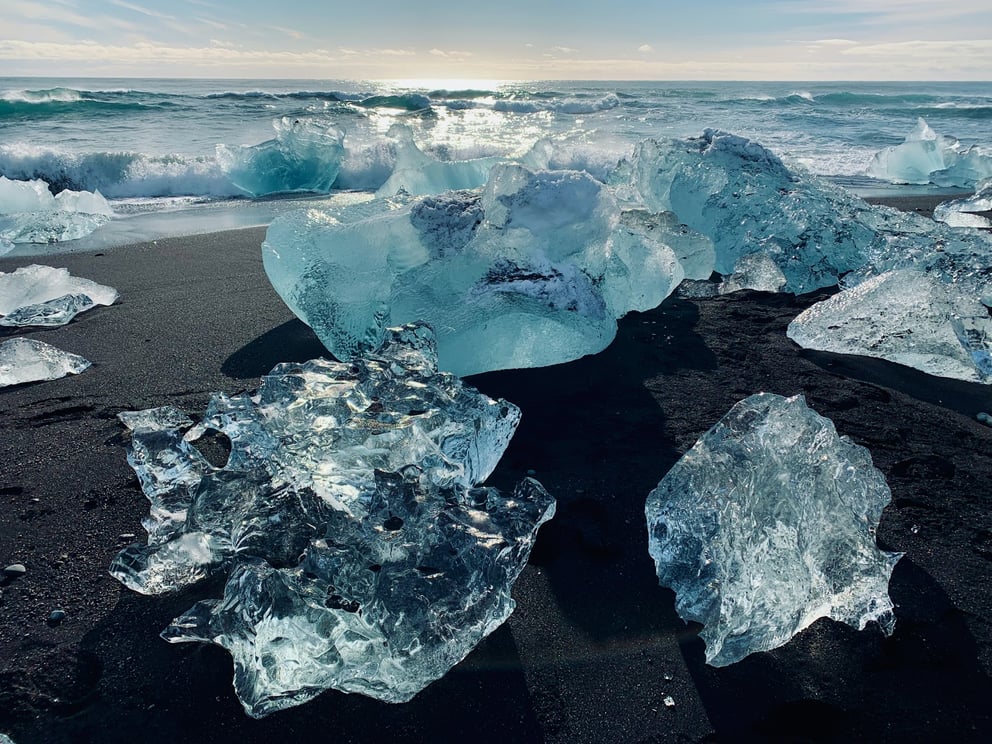 Chunks of ice on Diamond Beach in Iceland. 