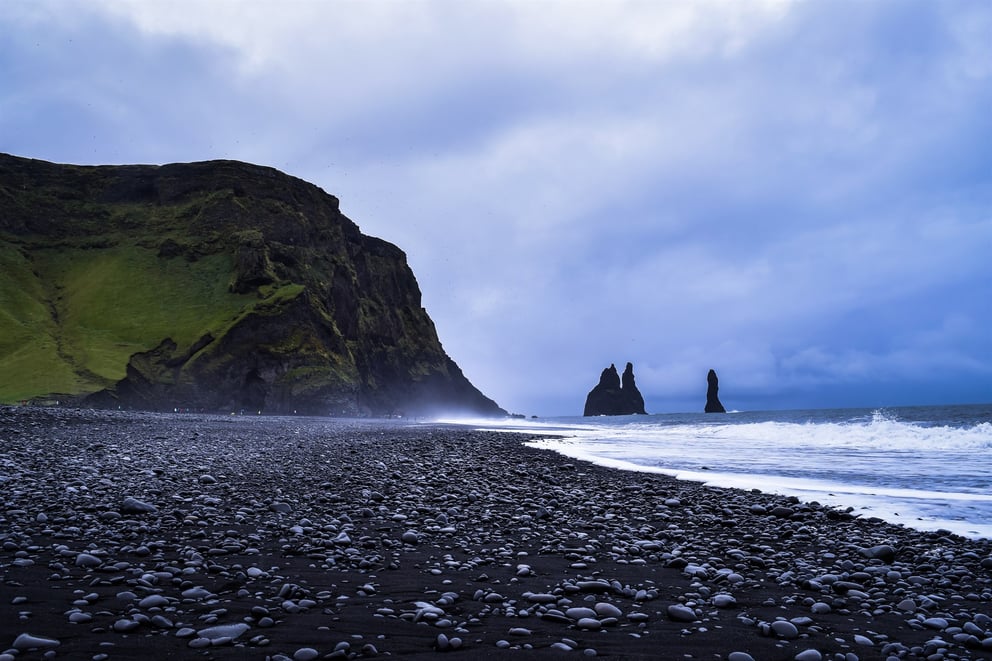 Reynisfjara beach in Iceland on a cloudy day