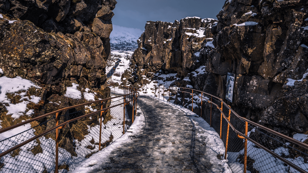 Ice-covered gorge in Thingvellir National Park.