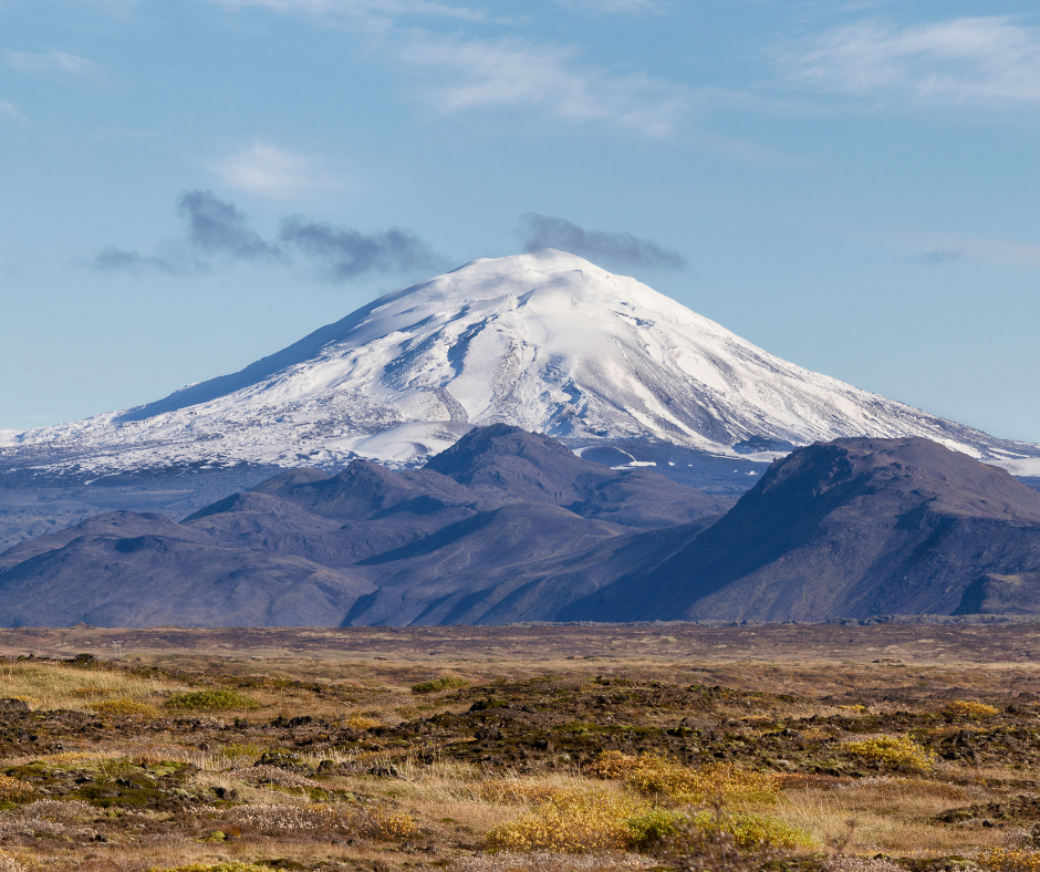 Snowy view of Mount Hekla in Iceland, also known as the Gate to Hell.