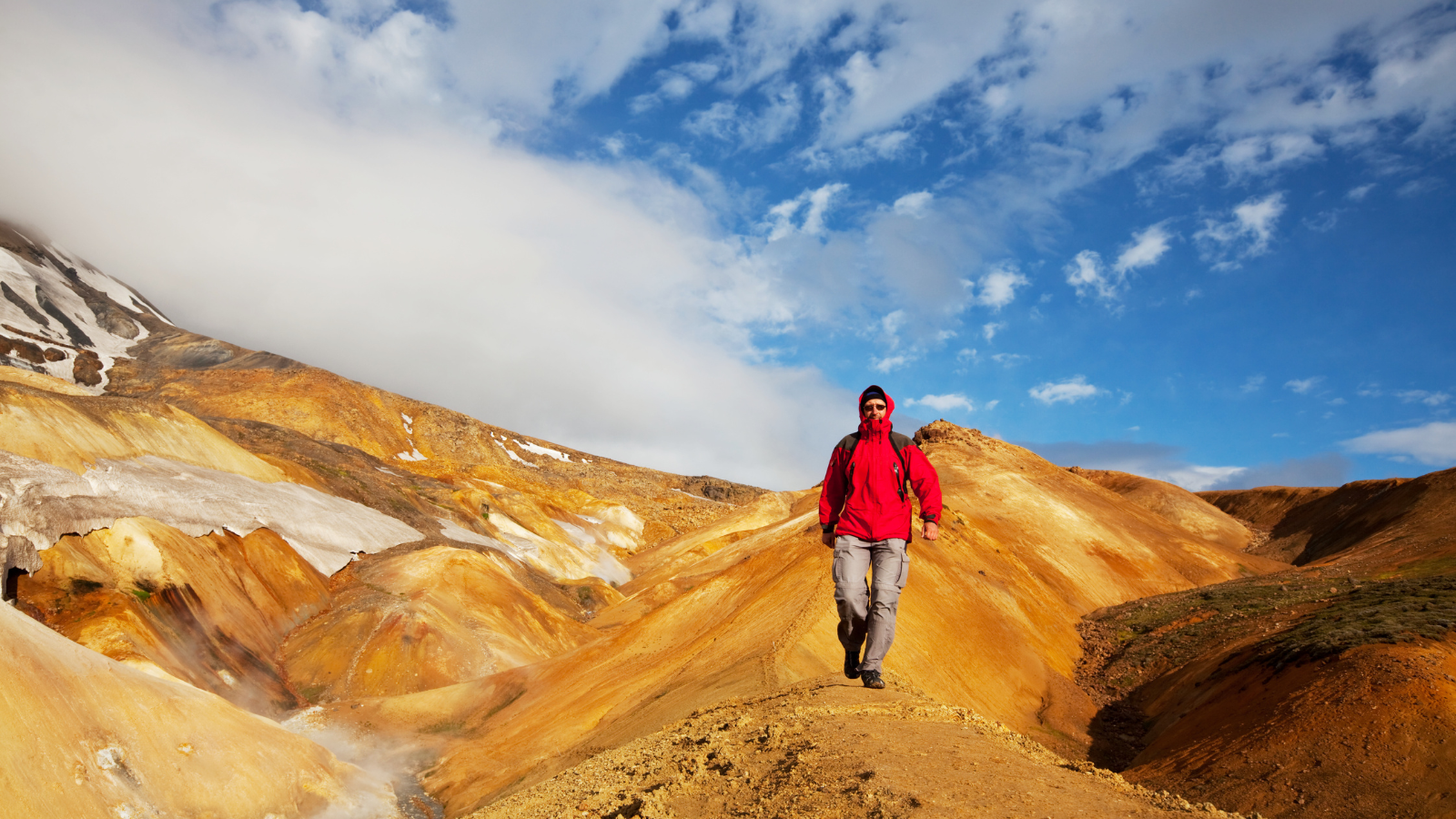 Man hiking on light-colored Highland trails in Iceland.