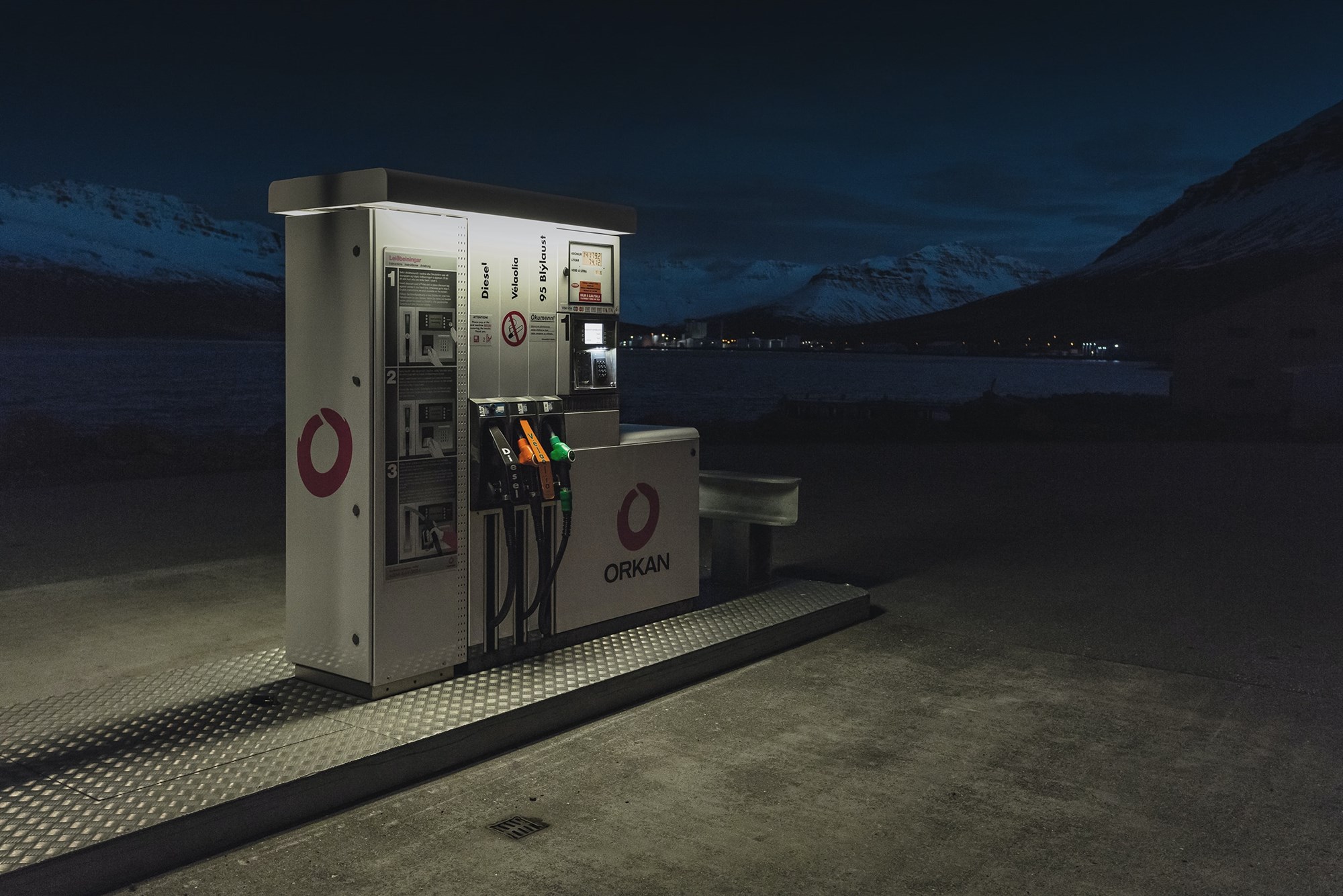 Self service petrol station in Iceland at night