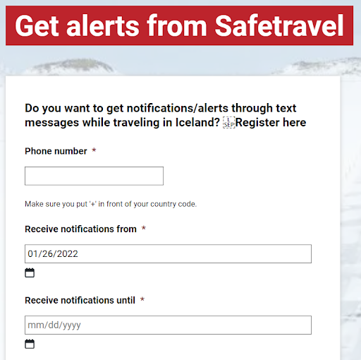 Alerts form from Safe Travel website.