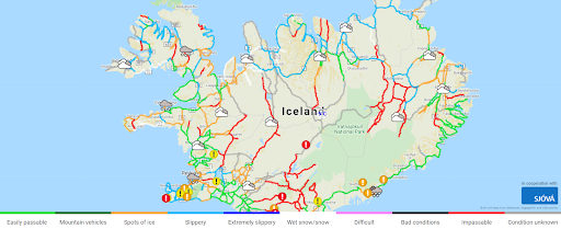 Map of Iceland with road condition key from Safe Travel.