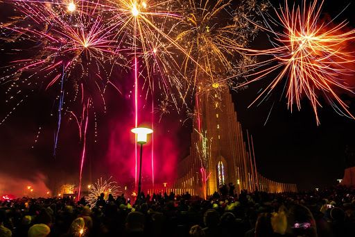 New Years Eve fireworks in front of Hallgrímskirkja in Reykjavik, Iceland. 