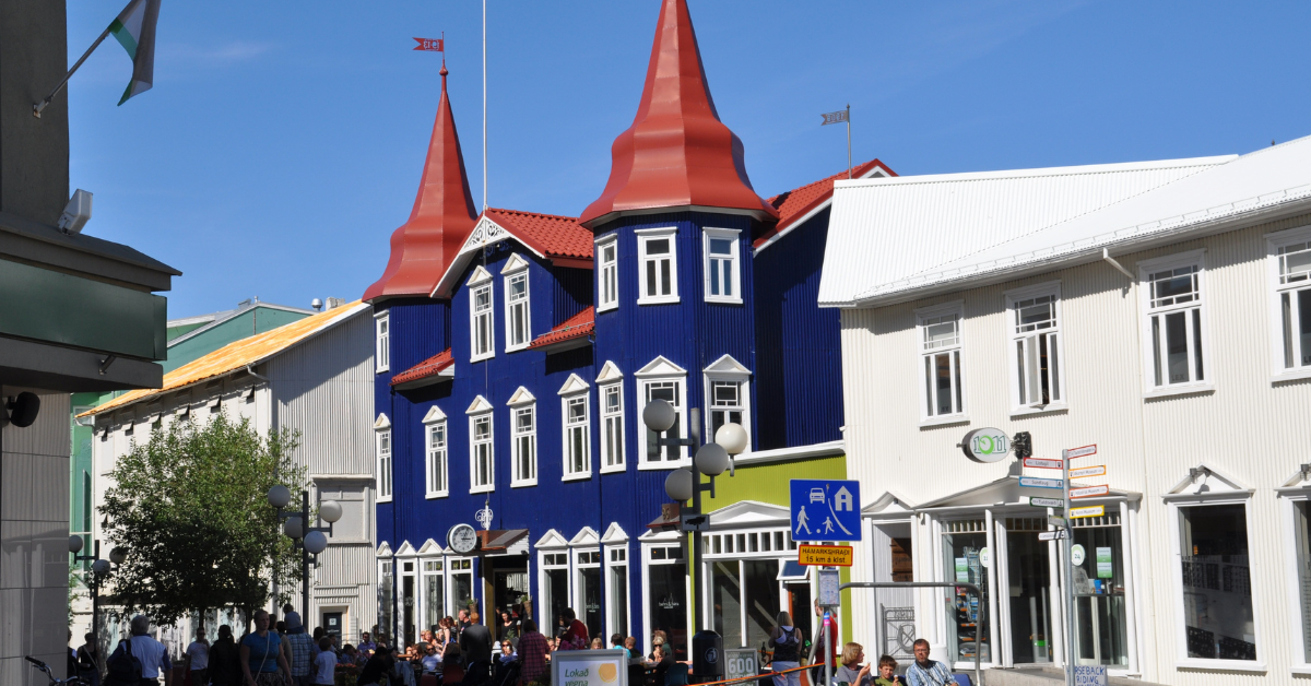 Bright blue building in Akureyri’s town centre, in northern Iceland.