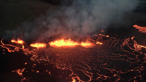 Lava erupting from a volcanic fissure in Iceland, August 2022.