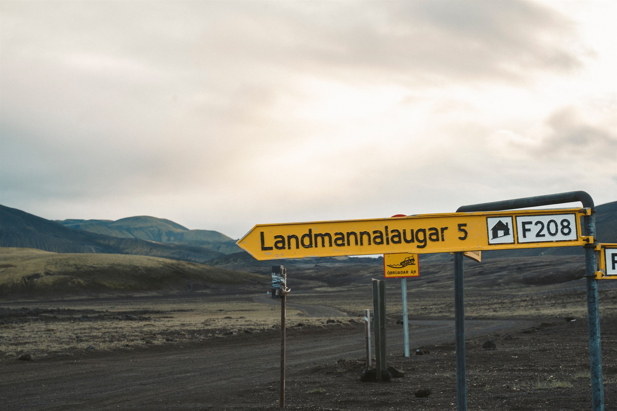 Road signs directing drivers to Landmannalaugar in Iceland