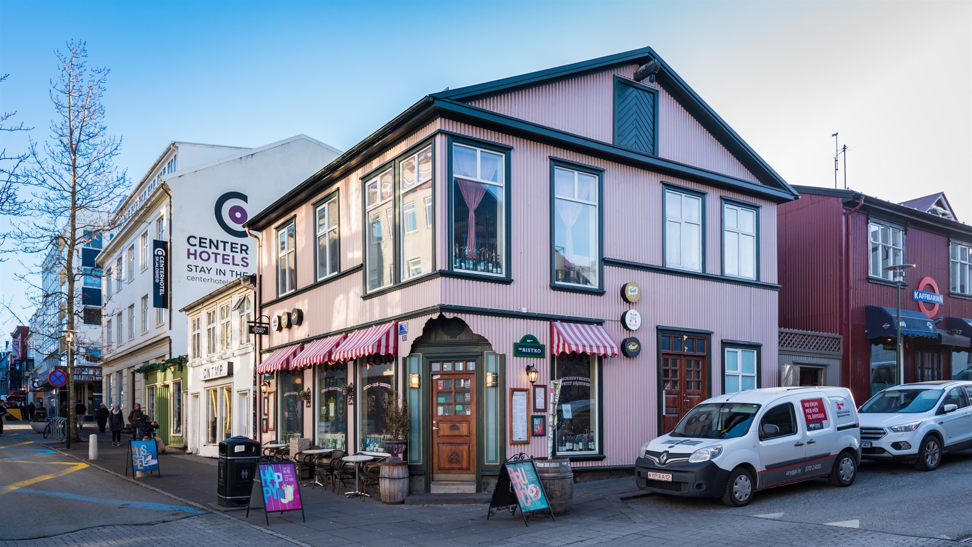 Bistro on the corner of a colourful street in Reykjavik, Iceland