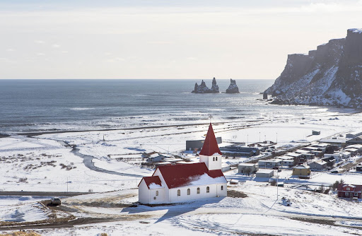  village church in Vik, Iceland, during the winter months