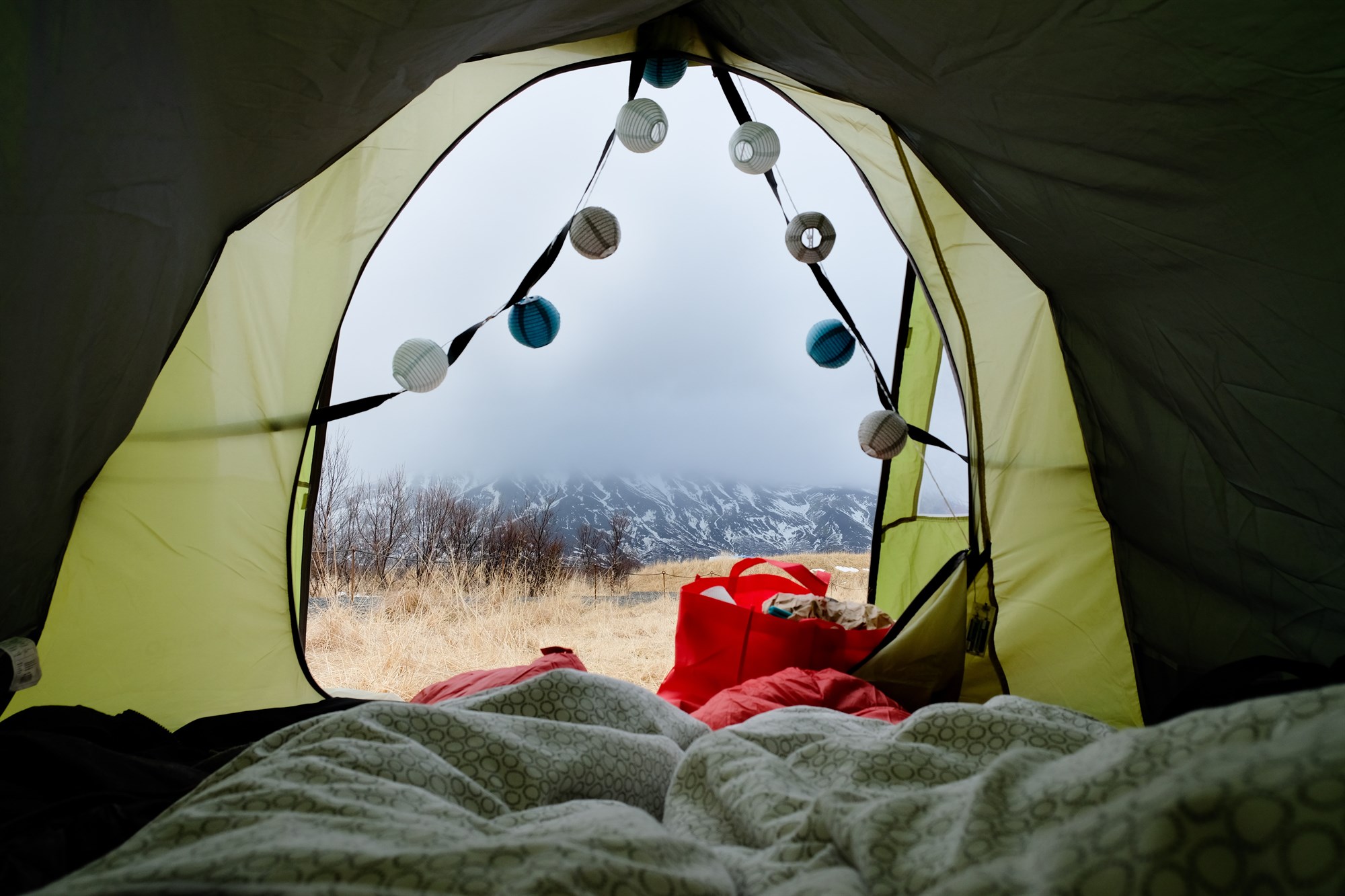 View from inside a tent at a campsite in Thingvellir, Iceland