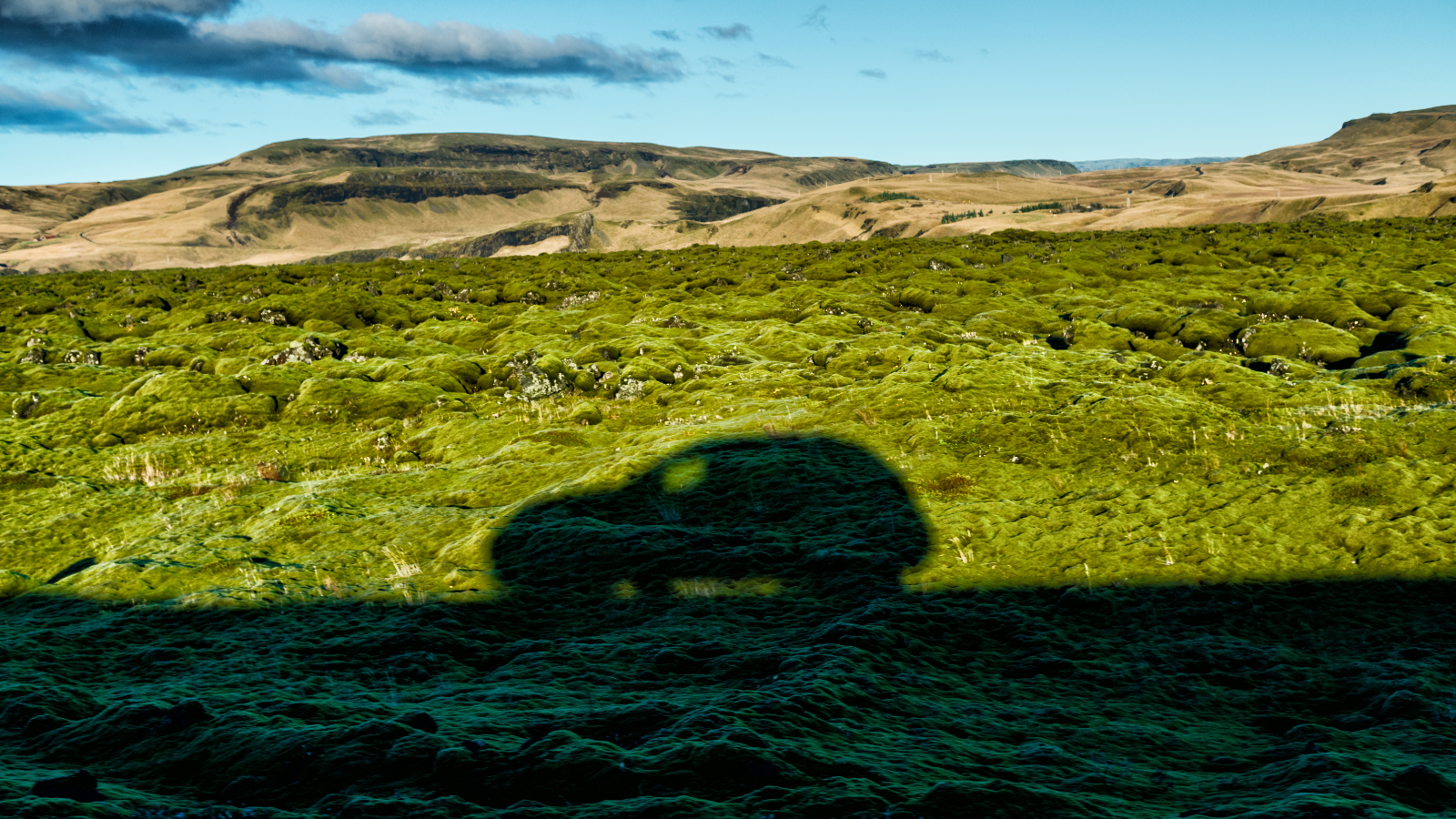 Shadow of a car driving on an icelandic road