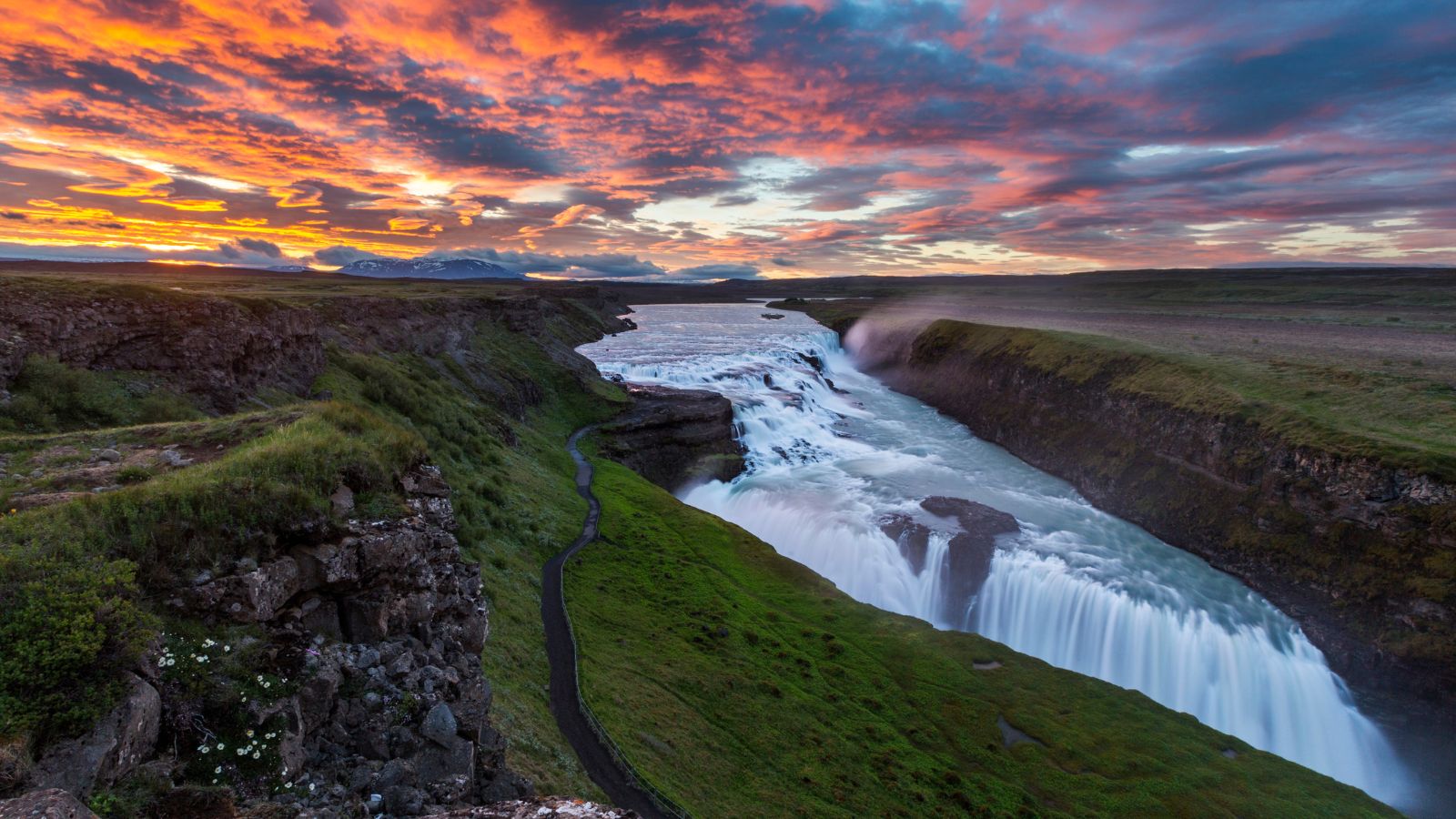 Gulfoss Waterfall on Iceland’s Golden Circle route at sunset.