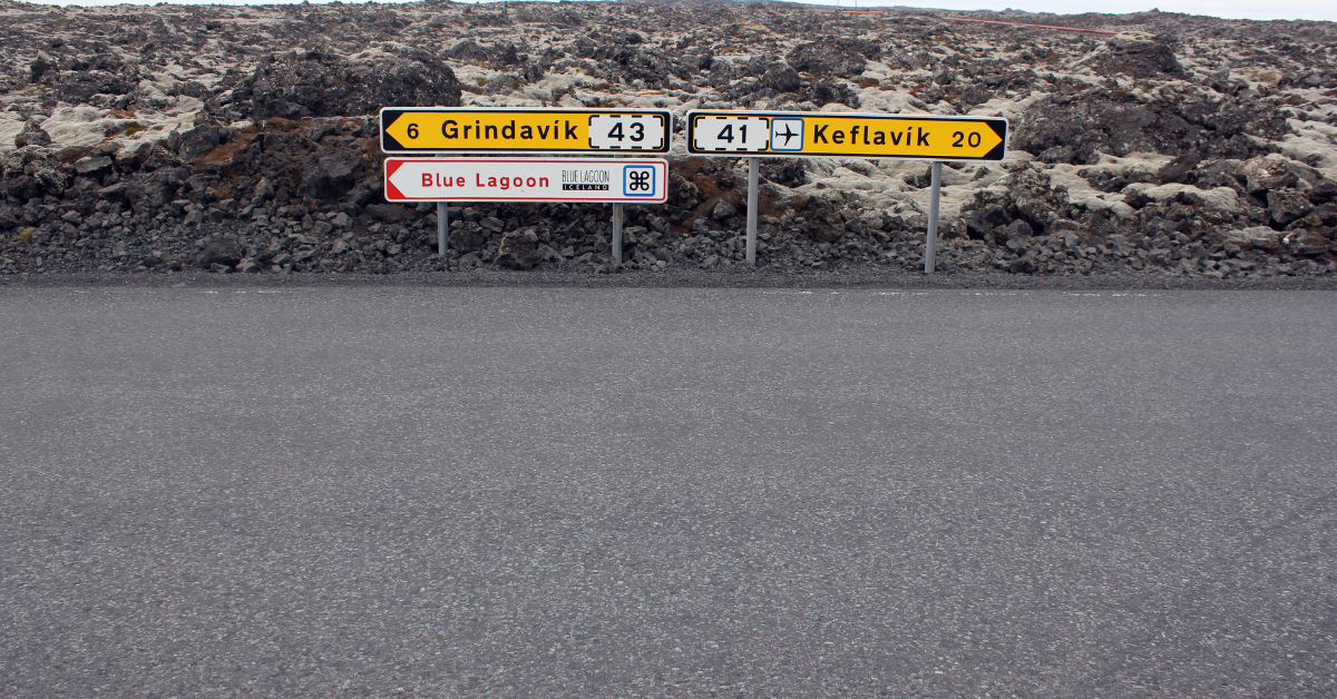 Road signs showing the directions to Grindavik, the Blue Lagoon and Keflavik in Iceland