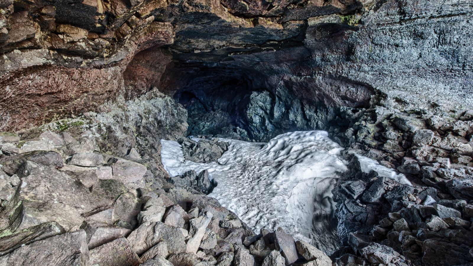 The Surtshellir Lava Cave which was formed by volcanic activity in Iceland. 