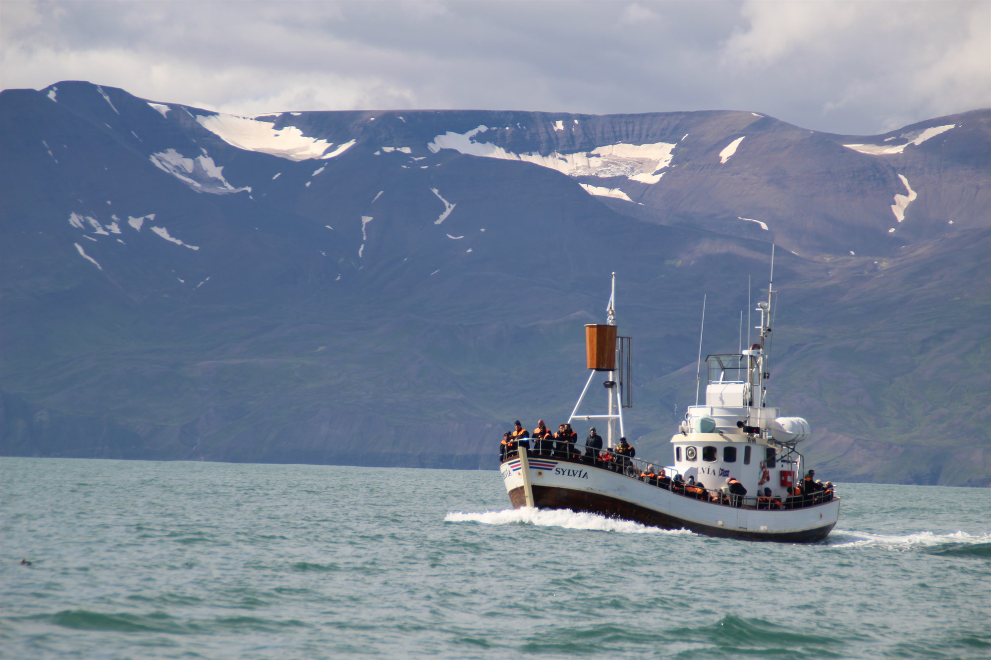 Group of people on a small ferry in Iceland