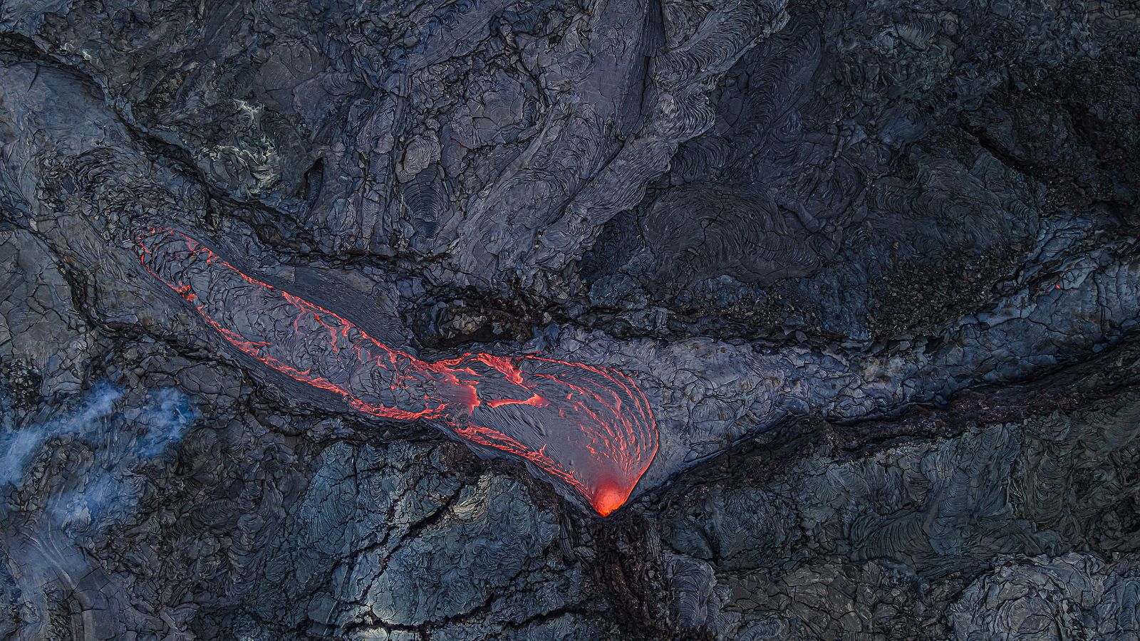 Aerial view of cooling lava at the Fagradalsfjall volcano in Iceland.