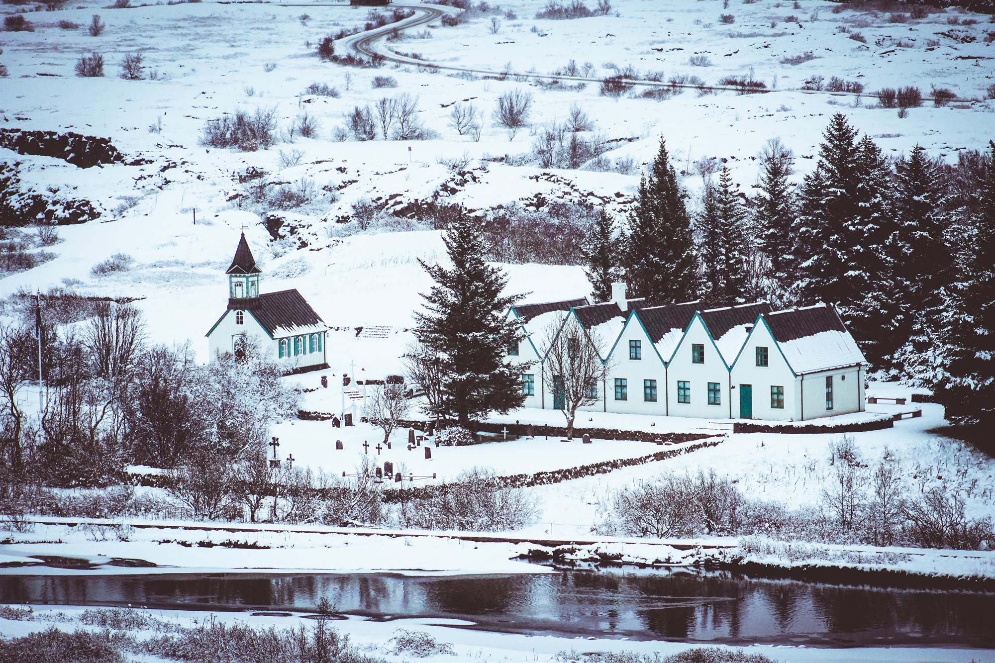 Snow covered buildings in Thingvellir, Iceland.